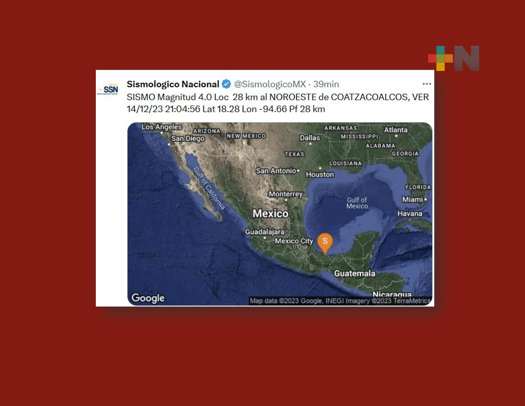 ¿No se sintió? Se registra sismo magnitud 4.0 al noroeste de Coatzacoalcos